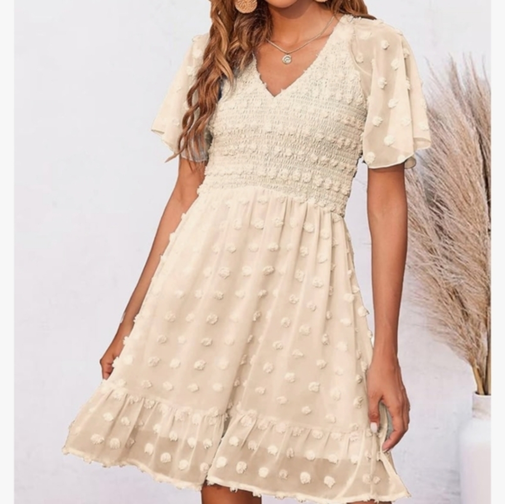 SUPER CUTE women V neck short sleeve dress also dot swing flowy ruffle Dress - Picture 7 of 7